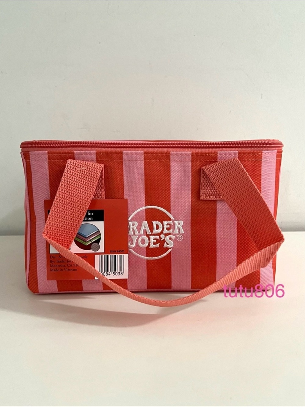 Trader Joe’s Mini Insulated Tote Bag Red Pink Stripe